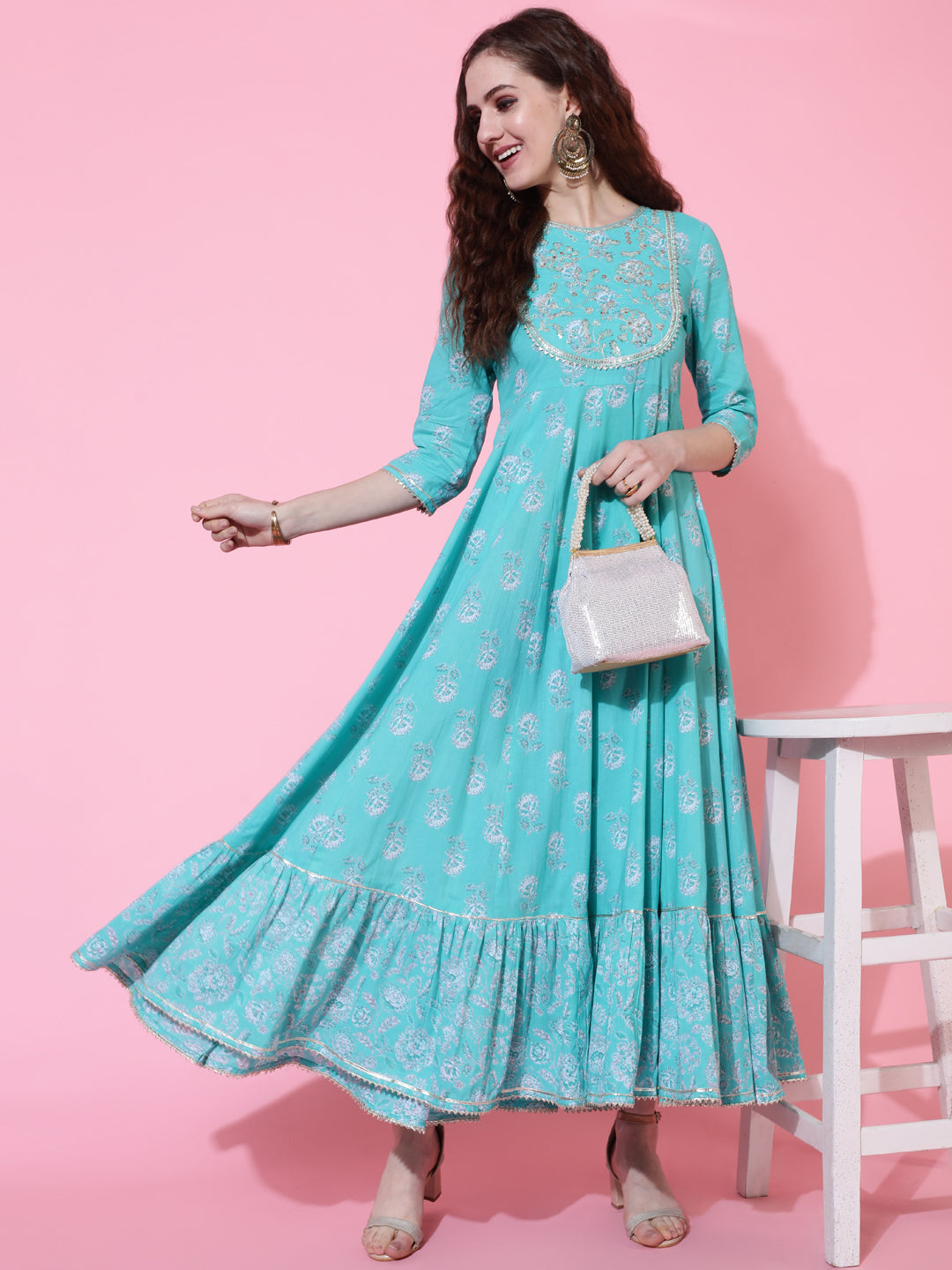 Cotton Ankle Length Printed Flared 3/4 Sleeves Round Neck Kurta