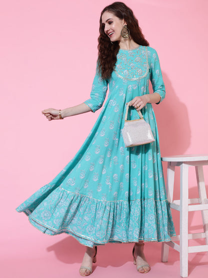 Cotton Ankle Length Printed Flared 3/4 Sleeves Round Neck Kurta