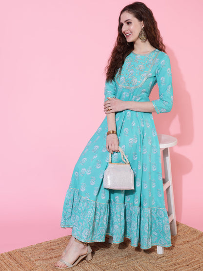 Cotton Ankle Length Printed Flared 3/4 Sleeves Round Neck Kurta