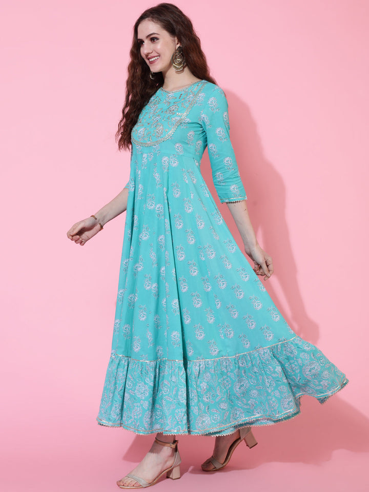 Cotton Ankle Length Printed Flared 3/4 Sleeves Round Neck Kurta