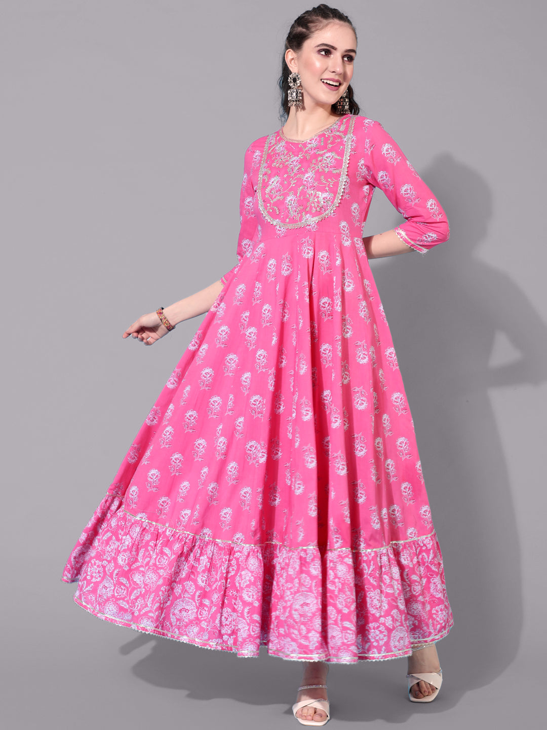 Cotton Ankle Length Printed Flared 3/4 Sleeves Round Neck Kurta