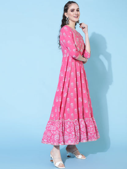 Cotton Ankle Length Printed Flared 3/4 Sleeves Round Neck Kurta