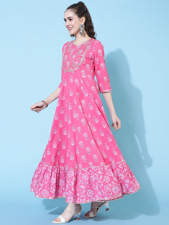 Cotton Ankle Length Printed Flared 3/4 Sleeves Round Neck Kurta