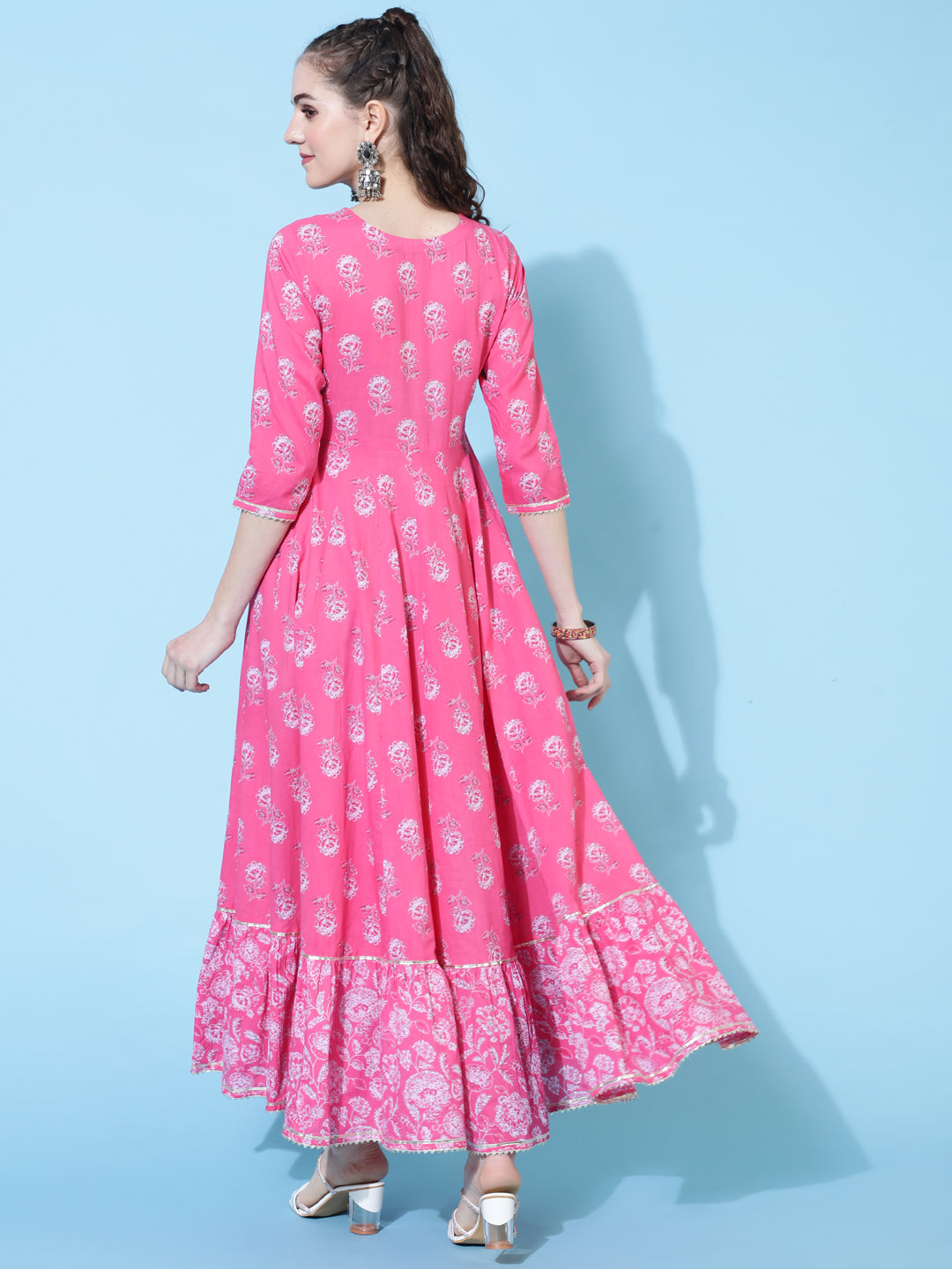 Cotton Ankle Length Printed Flared 3/4 Sleeves Round Neck Kurta
