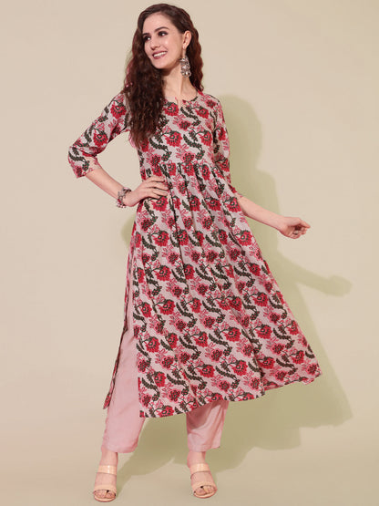 Cotton Calf Length Printed Semi-Flared 3/4 Sleeves Round Neck Kurta