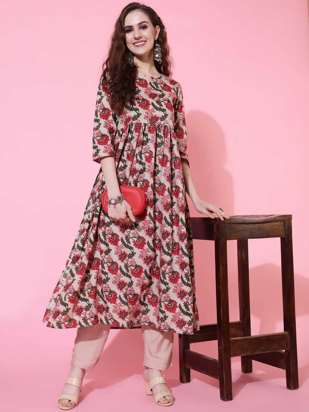 Cotton Calf Length Printed Semi-Flared 3/4 Sleeves Round Neck Kurta