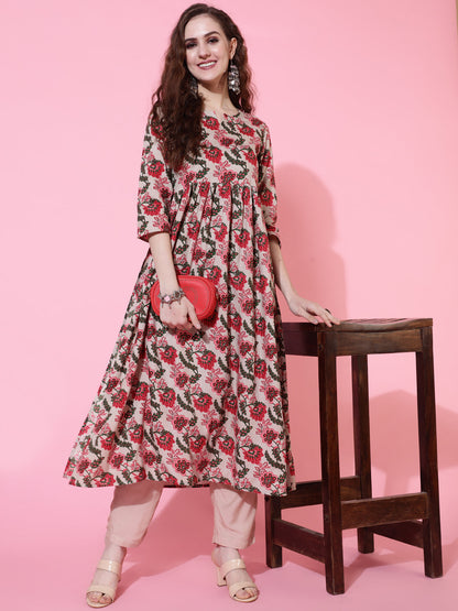 Cotton Calf Length Printed Semi-Flared 3/4 Sleeves Round Neck Kurta