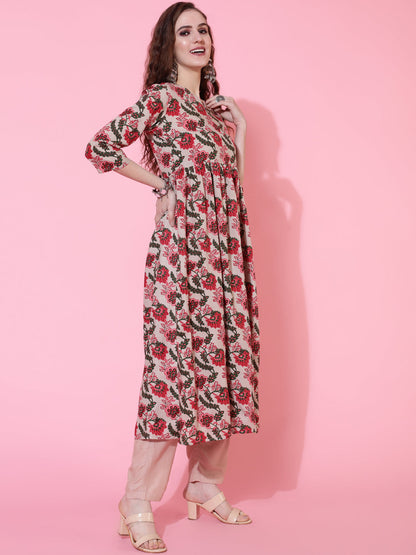Cotton Calf Length Printed Semi-Flared 3/4 Sleeves Round Neck Kurta