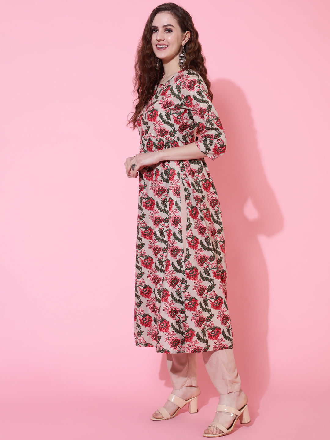Cotton Calf Length Printed Semi-Flared 3/4 Sleeves Round Neck Kurta