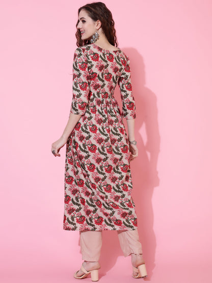 Cotton Calf Length Printed Semi-Flared 3/4 Sleeves Round Neck Kurta