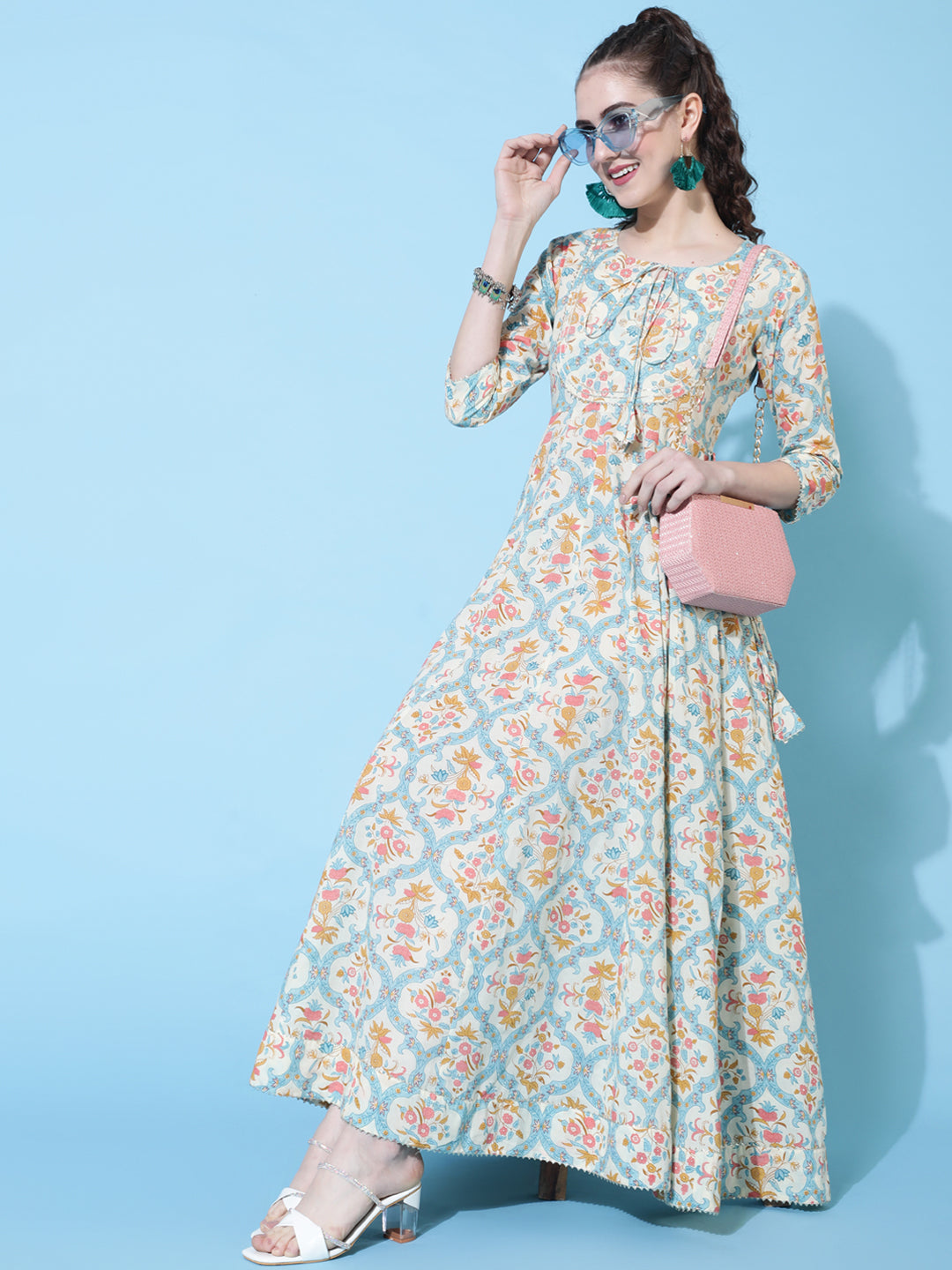 Cotton Ankle Length Printed Flared 3/4 Sleeves Round Neck Kurta