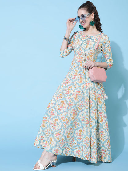 Cotton Ankle Length Printed Flared 3/4 Sleeves Round Neck Kurta
