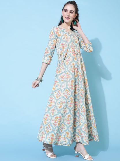 Cotton Ankle Length Printed Flared 3/4 Sleeves Round Neck Kurta
