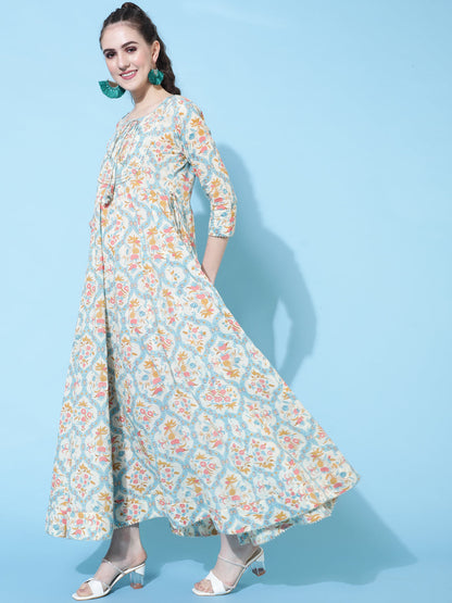 Cotton Ankle Length Printed Flared 3/4 Sleeves Round Neck Kurta