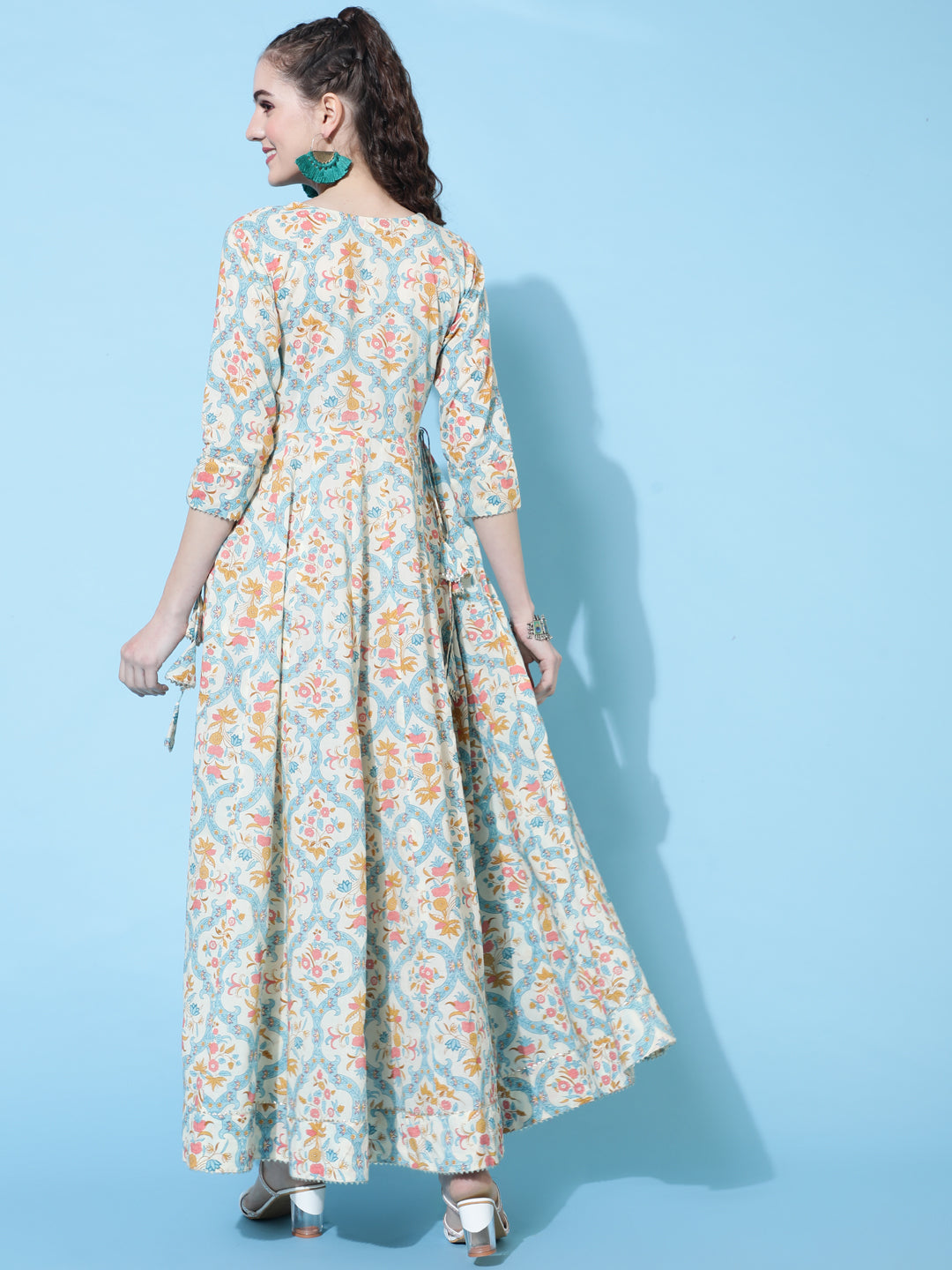 Cotton Ankle Length Printed Flared 3/4 Sleeves Round Neck Kurta