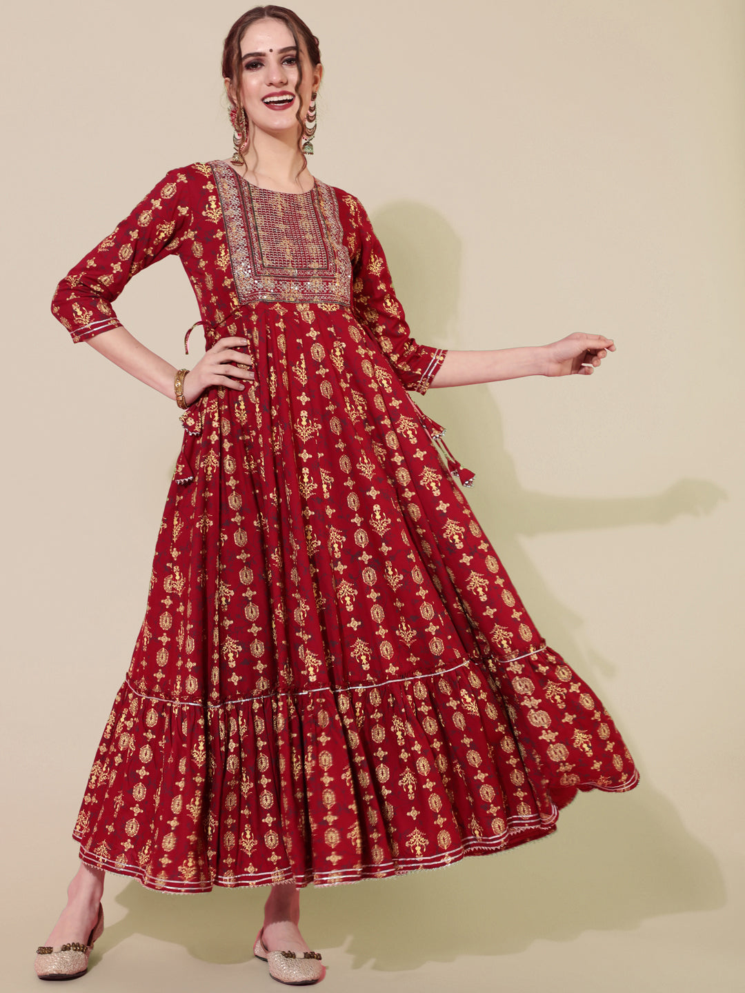 Rayon Ankle Length Printed Flared 3/4 Sleeves Round Neck Kurta