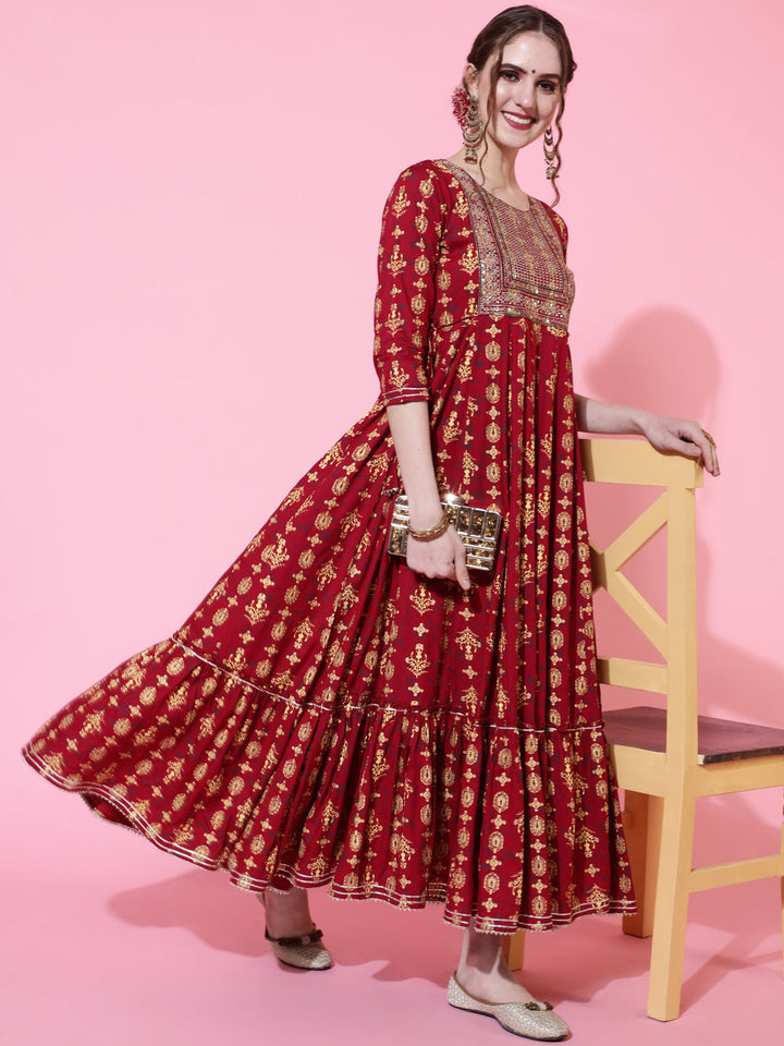 Rayon Ankle Length Printed Flared 3/4 Sleeves Round Neck Kurta