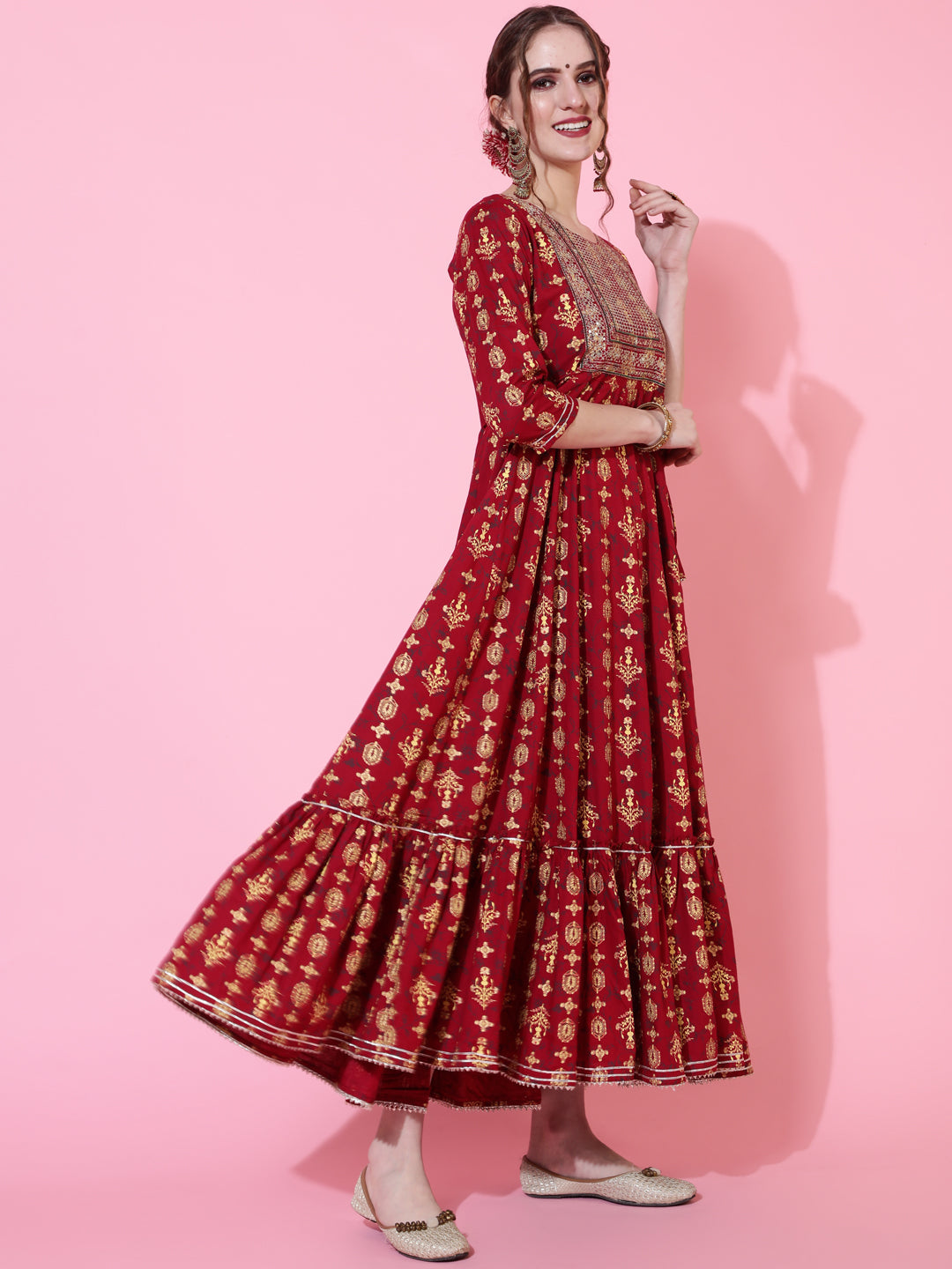 Rayon Ankle Length Printed Flared 3/4 Sleeves Round Neck Kurta