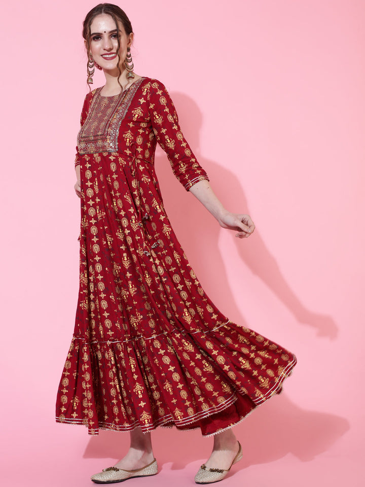 Rayon Ankle Length Printed Flared 3/4 Sleeves Round Neck Kurta