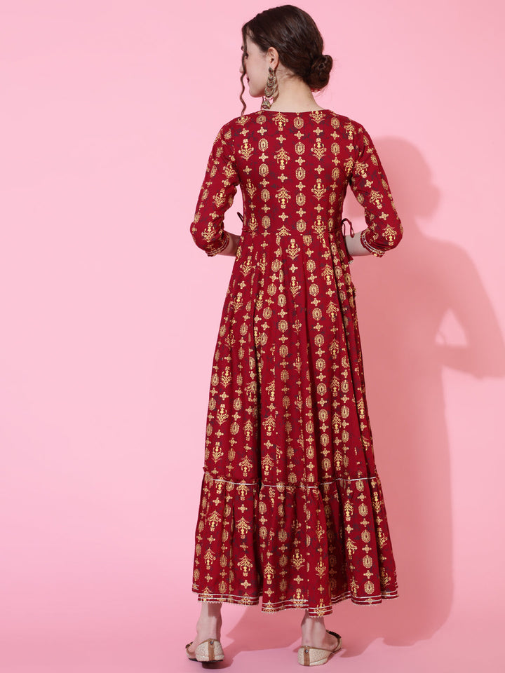 Rayon Ankle Length Printed Flared 3/4 Sleeves Round Neck Kurta