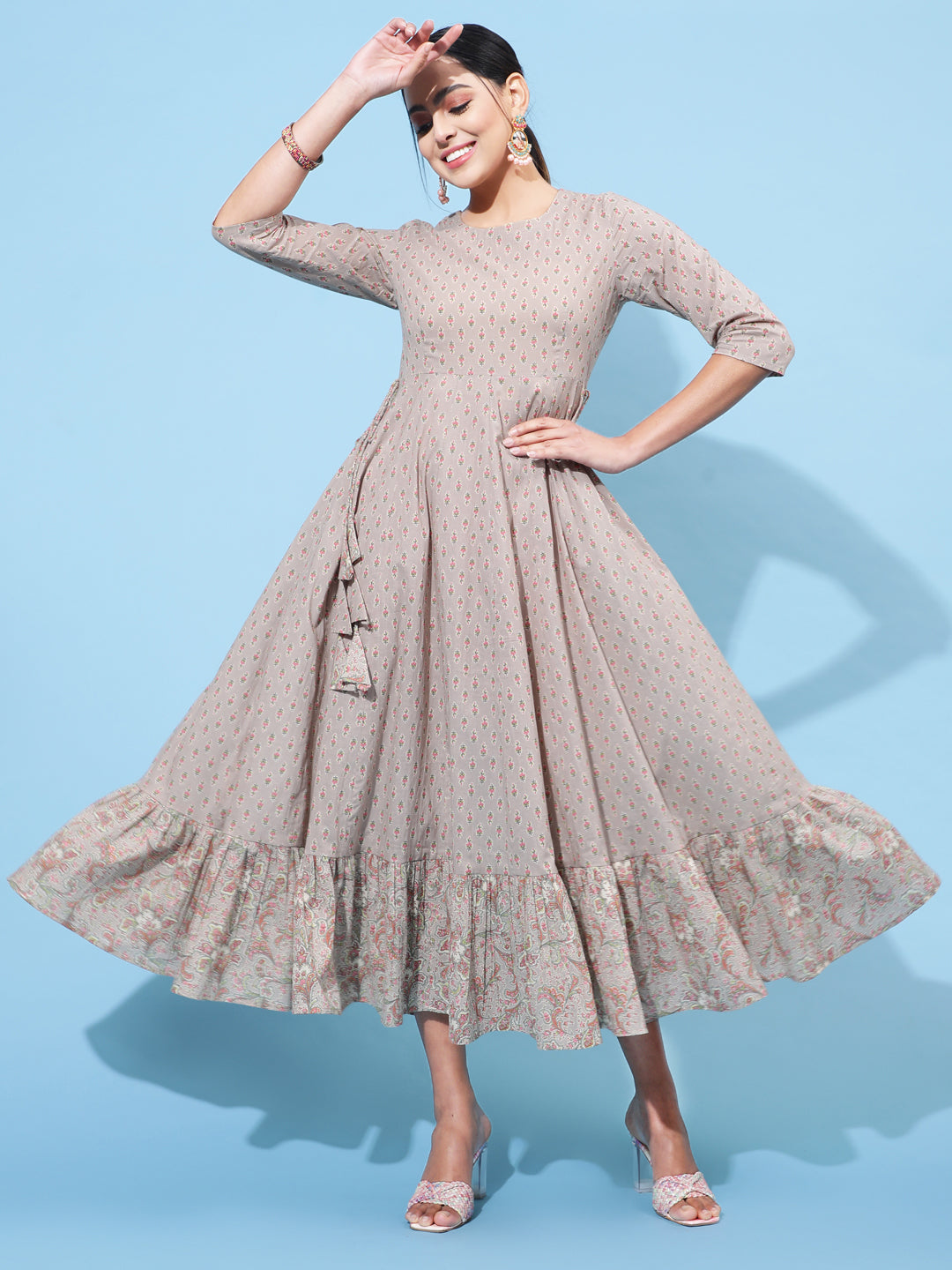 Cotton Calf Length Printed Flared 3/4 Sleeve Round Neck Kurta