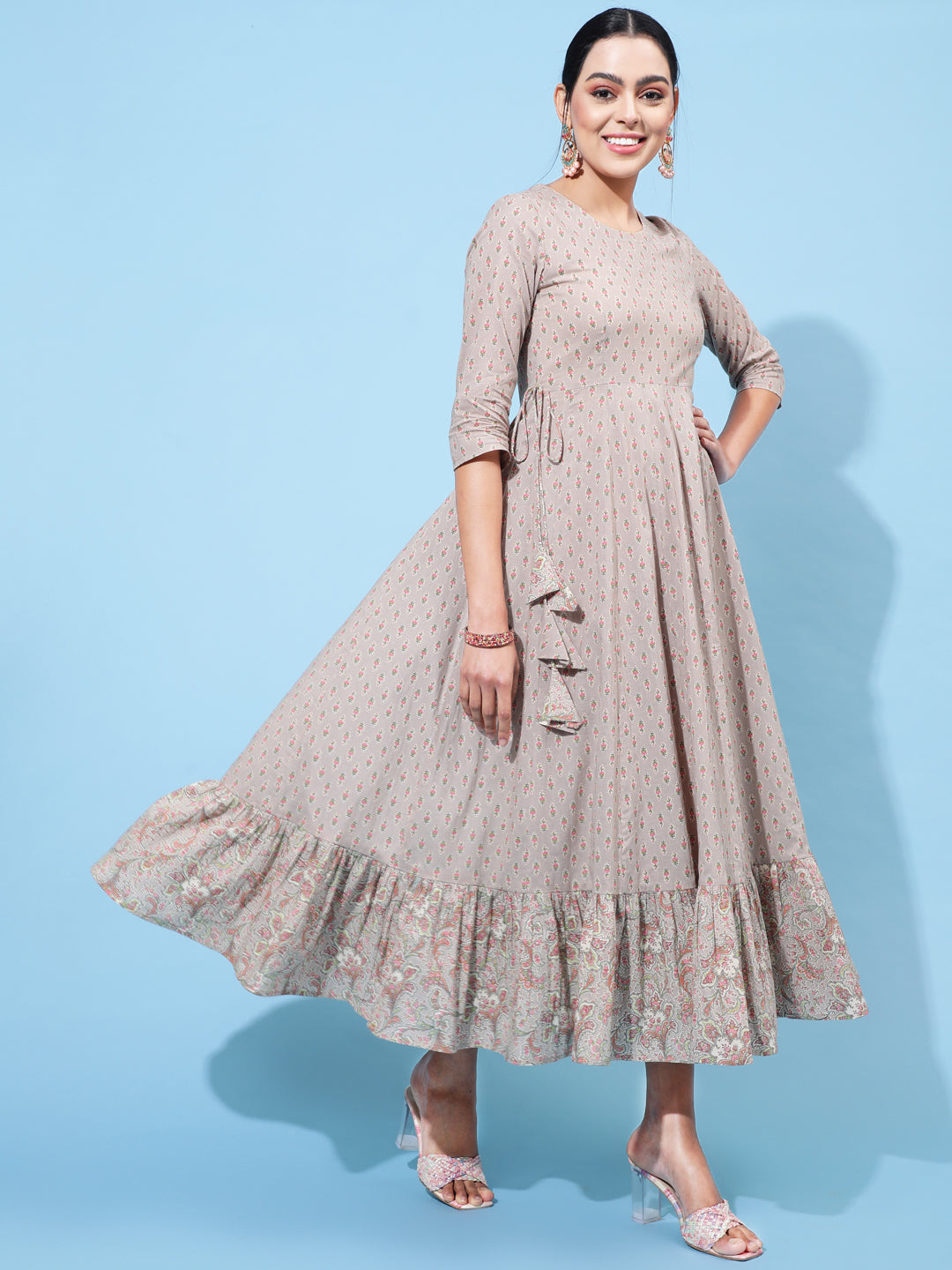 Cotton Calf Length Printed Flared 3/4 Sleeve Round Neck Kurta