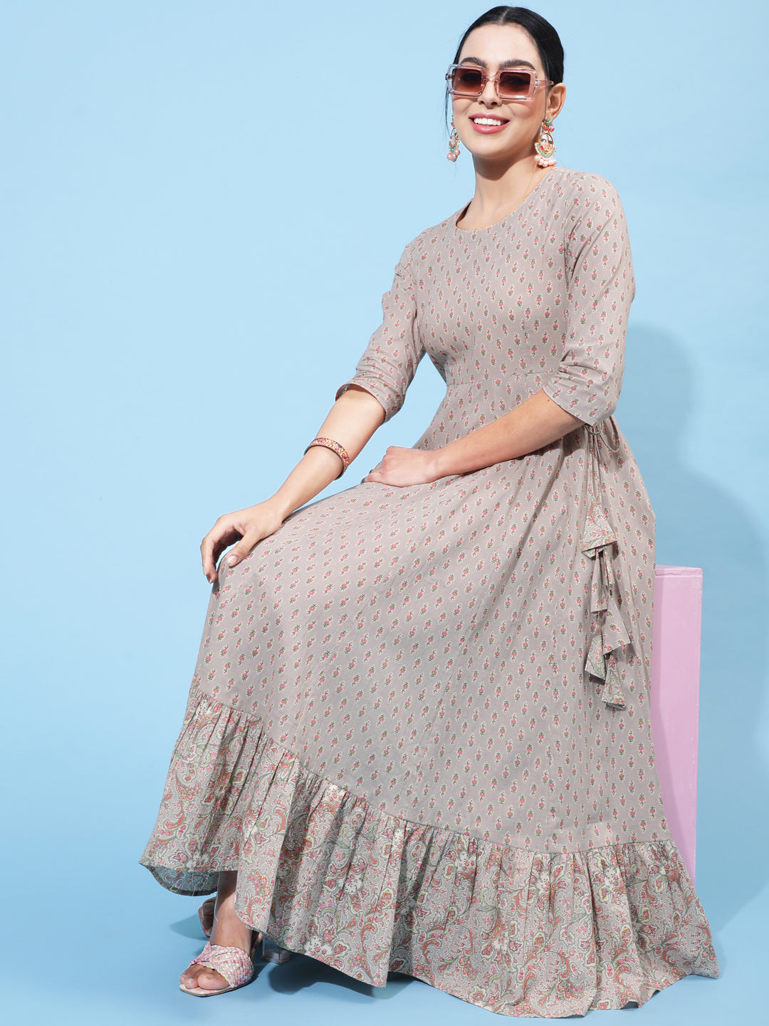 Cotton Calf Length Printed Flared 3/4 Sleeve Round Neck Kurta