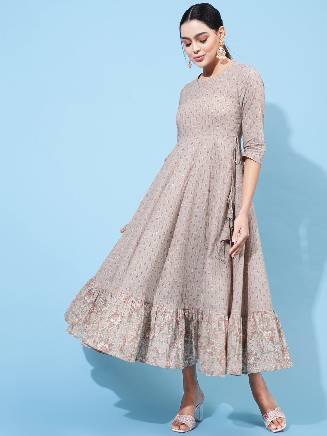 Cotton Calf Length Printed Flared 3/4 Sleeve Round Neck Kurta