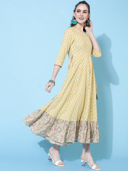 Cotton Calf Length Printed Flared 3/4 Sleeve Round Neck Kurta
