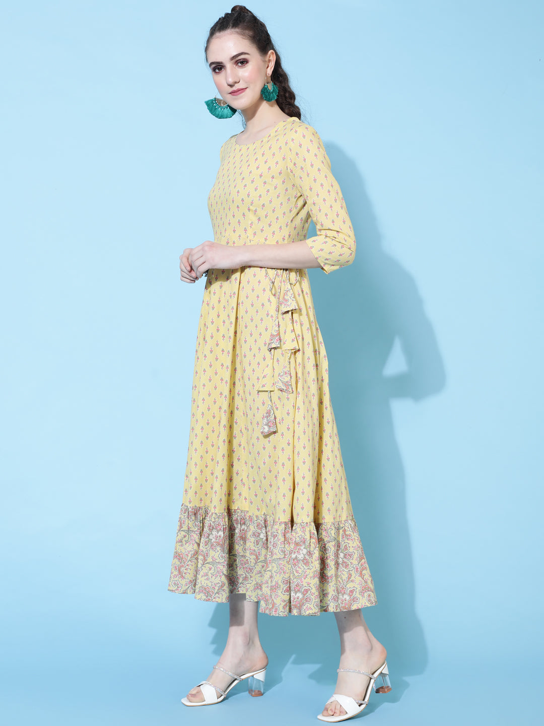 Cotton Calf Length Printed Flared 3/4 Sleeve Round Neck Kurta