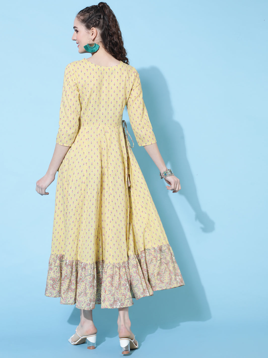 Cotton Calf Length Printed Flared 3/4 Sleeve Round Neck Kurta