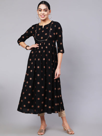 Rayon Calf Length Printed Flared 3/4 Sleeve Round Neck Kurta