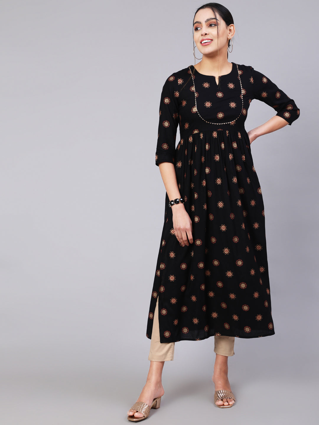 Rayon Calf Length Printed Flared 3/4 Sleeve Round Neck Kurta