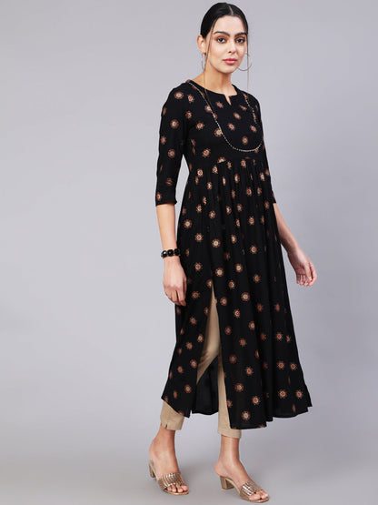 Rayon Calf Length Printed Flared 3/4 Sleeve Round Neck Kurta