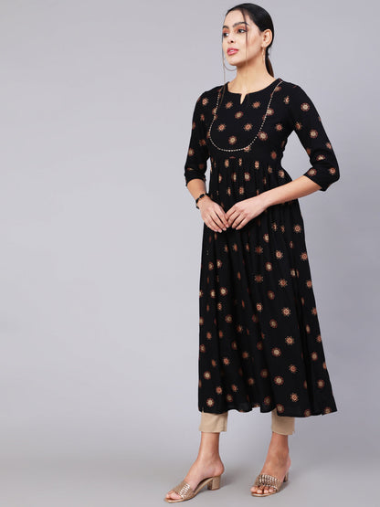 Rayon Calf Length Printed Flared 3/4 Sleeve Round Neck Kurta