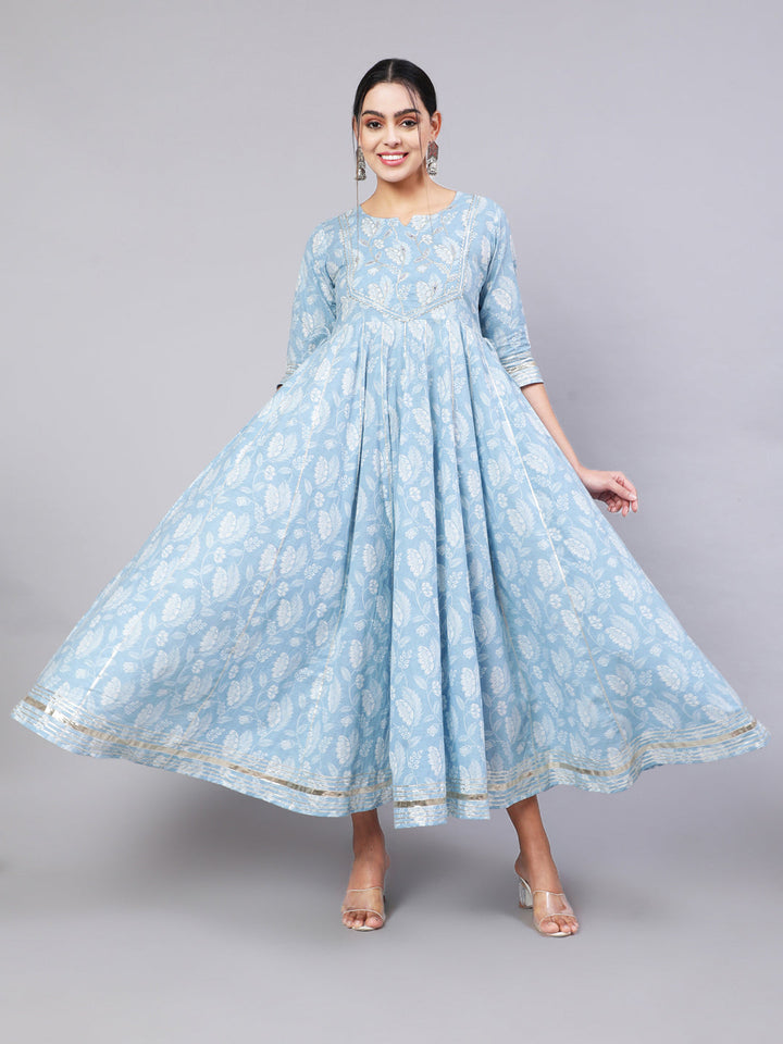 Cotton Ankle Length Printed Flared 3/4 Sleeve Round Neck Kurta