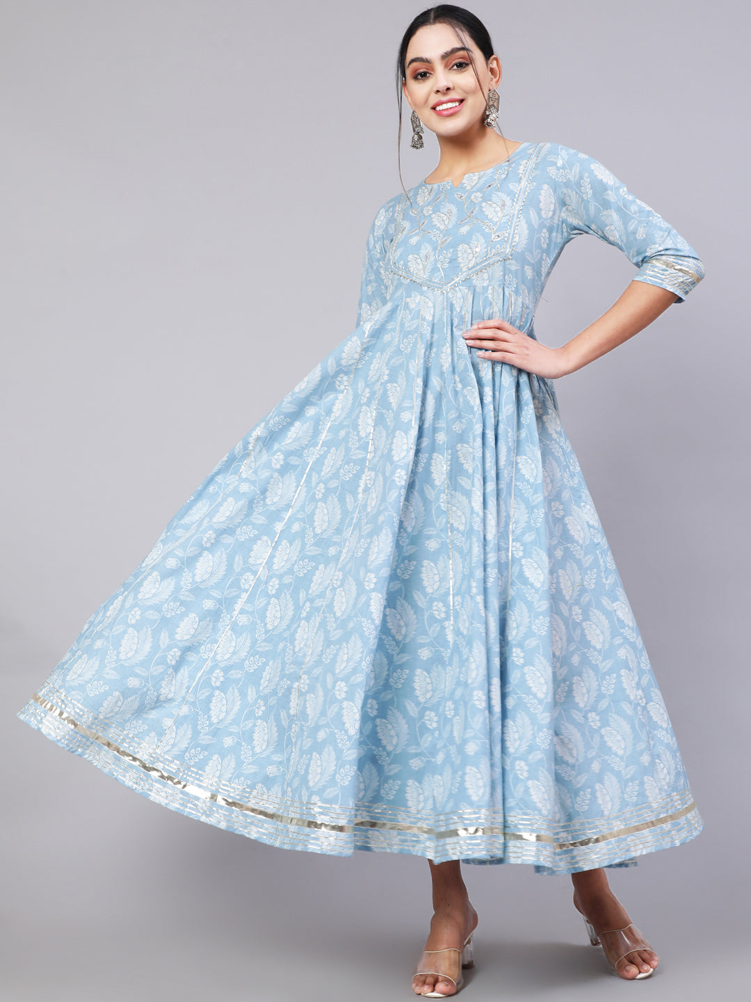 Cotton Ankle Length Printed Flared 3/4 Sleeve Round Neck Kurta