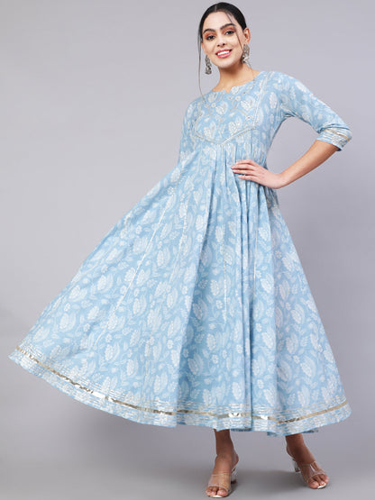 Cotton Ankle Length Printed Flared 3/4 Sleeve Round Neck Kurta