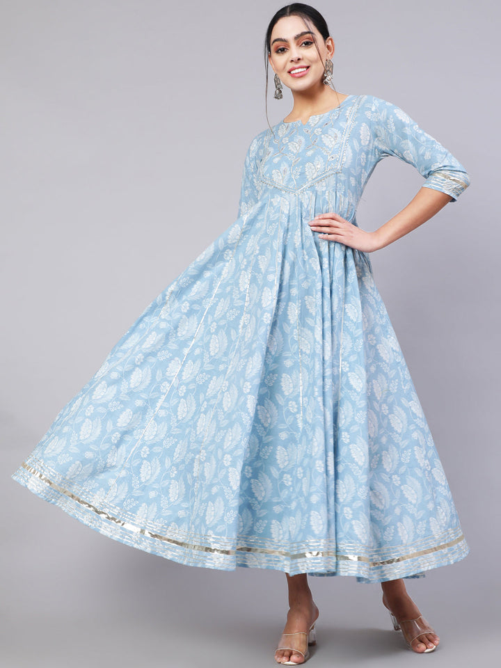 Cotton Ankle Length Printed Flared 3/4 Sleeve Round Neck Kurta