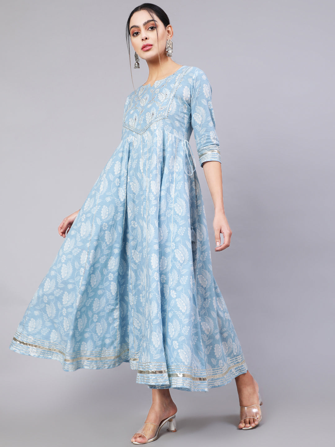 Cotton Ankle Length Printed Flared 3/4 Sleeve Round Neck Kurta