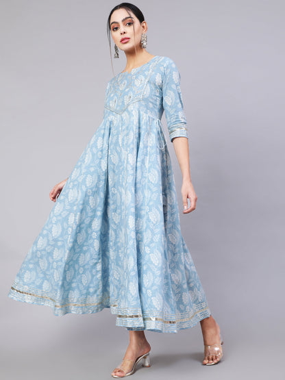 Cotton Ankle Length Printed Flared 3/4 Sleeve Round Neck Kurta