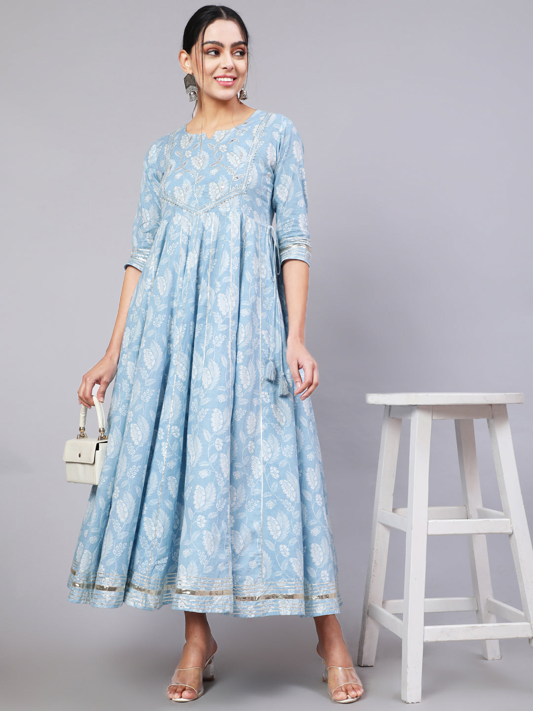 Cotton Ankle Length Printed Flared 3/4 Sleeve Round Neck Kurta