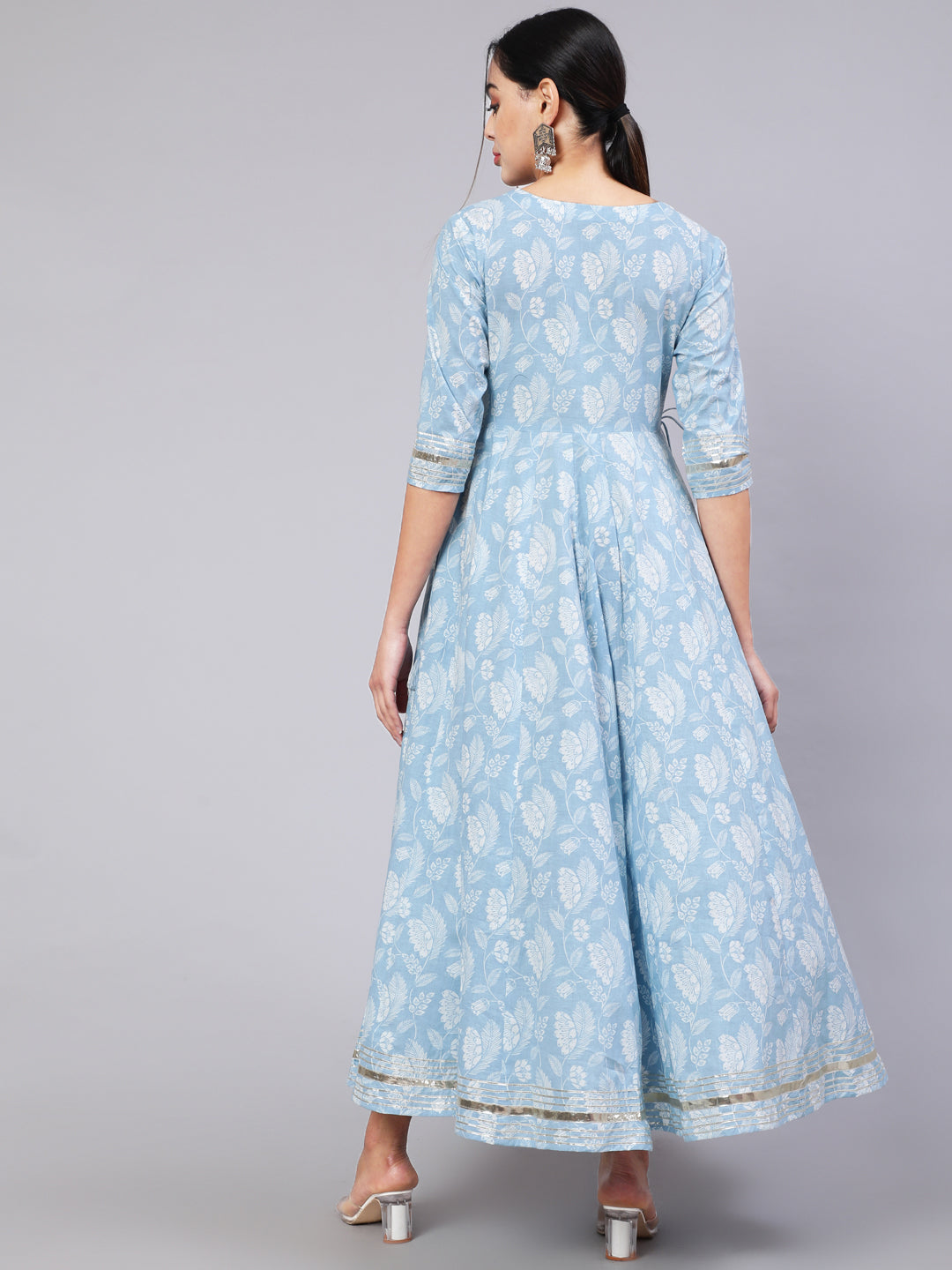 Cotton Ankle Length Printed Flared 3/4 Sleeve Round Neck Kurta