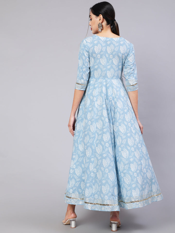 Cotton Ankle Length Printed Flared 3/4 Sleeve Round Neck Kurta