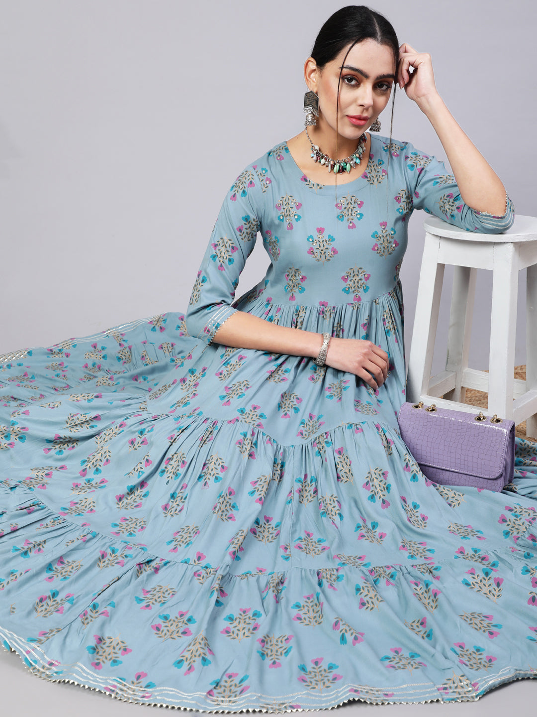 Rayon Ankle Length Printed Semi-Flared 3/4 Sleeve Round Neck Kurta