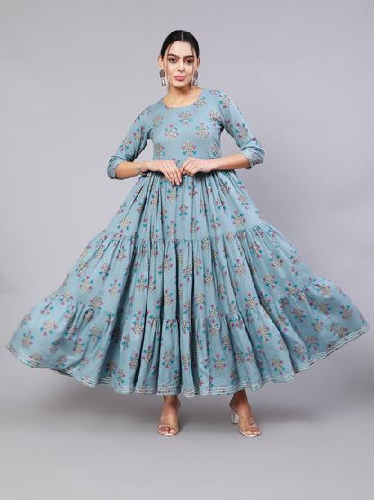 Rayon Ankle Length Printed Semi-Flared 3/4 Sleeve Round Neck Kurta