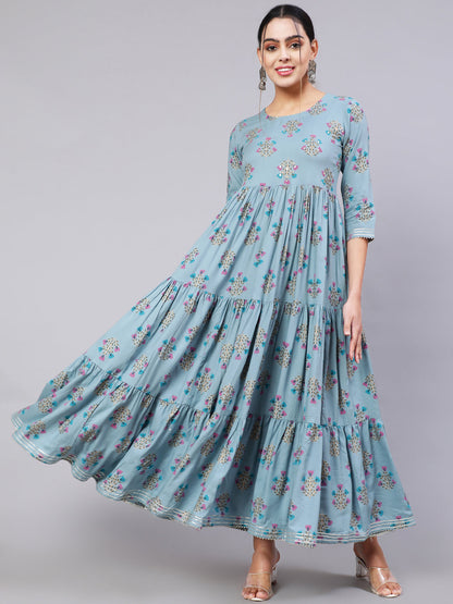 Rayon Ankle Length Printed Semi-Flared 3/4 Sleeve Round Neck Kurta