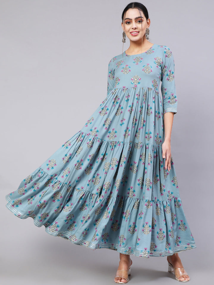 Rayon Ankle Length Printed Semi-Flared 3/4 Sleeve Round Neck Kurta