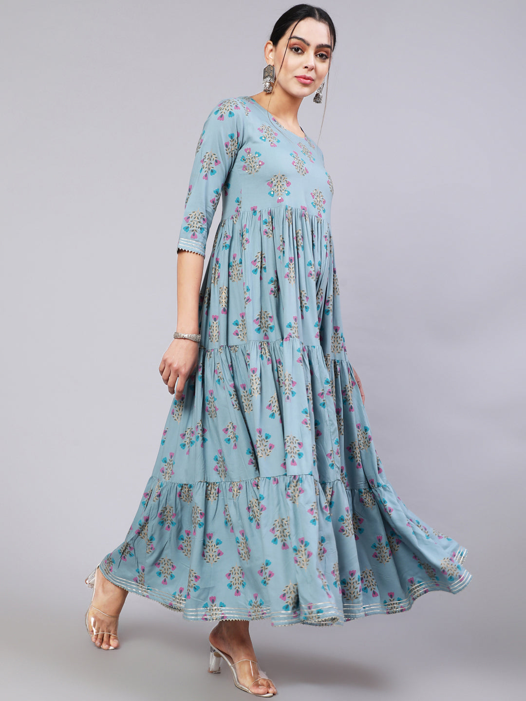 Rayon Ankle Length Printed Semi-Flared 3/4 Sleeve Round Neck Kurta