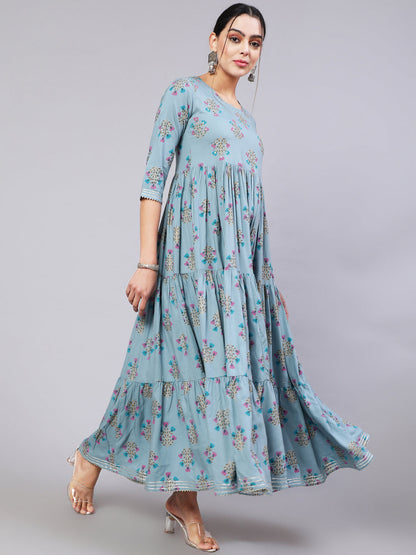 Rayon Ankle Length Printed Semi-Flared 3/4 Sleeve Round Neck Kurta
